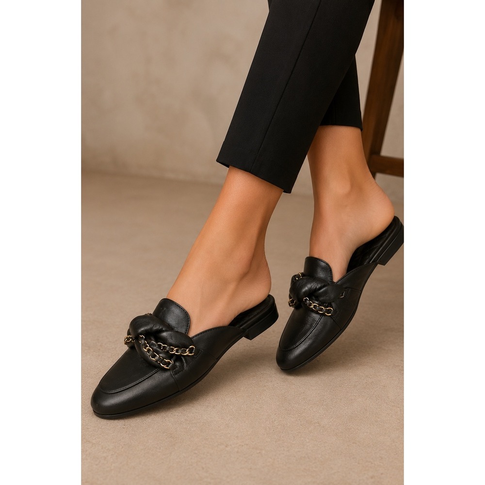 Chanel Loafer Mules Women's Size 8 Black Good Gold Chain Detail